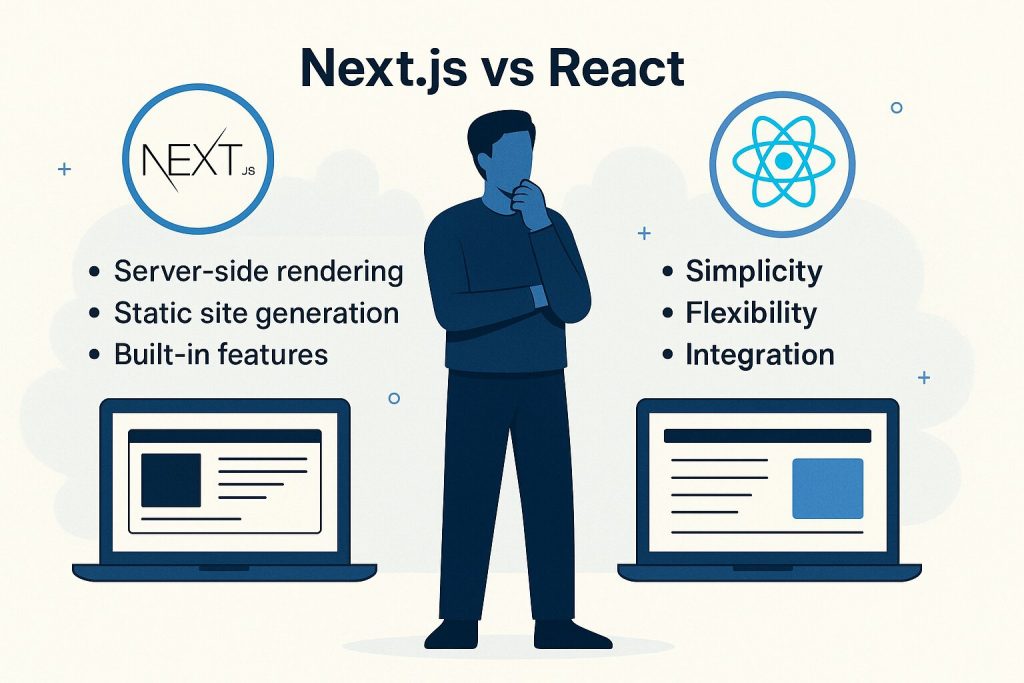 Illustration of a developer deciding between Next.js and React, highlighting key strengths like server-side rendering, static site generation, simplicity, and flexibility.