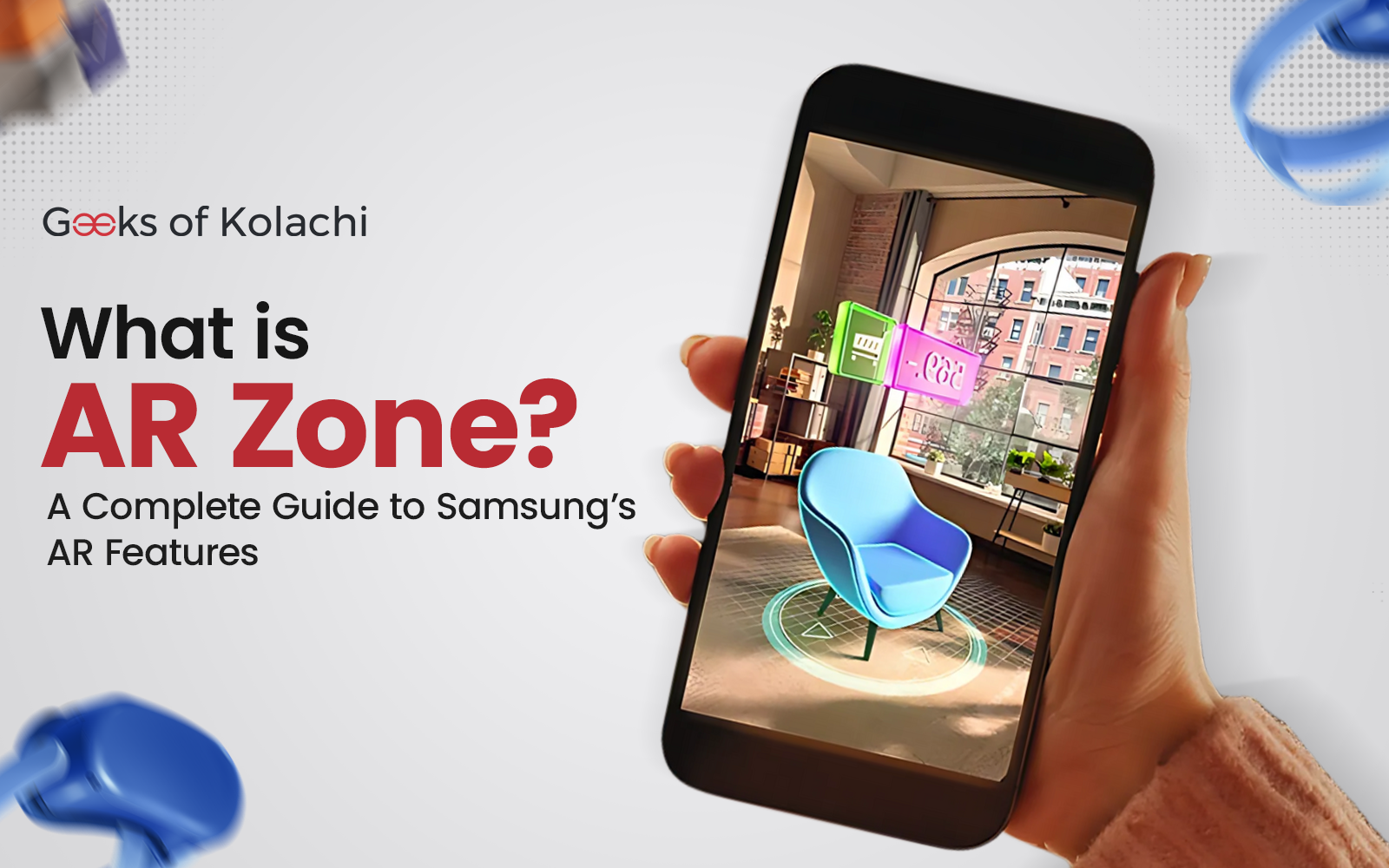 An image showing a Samsung Galaxy phone displaying an AR Zone app interface with a virtual blue chair overlaid in an indoor environment, highlighting augmented reality features.