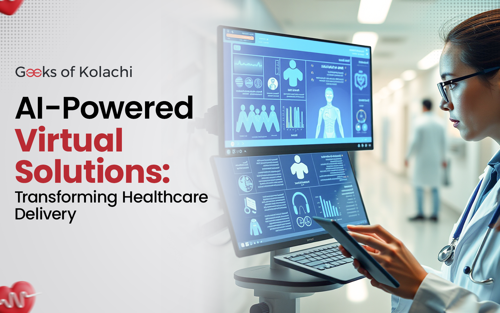 Doctor using AI-powered virtual solutions to monitor healthcare data on digital screens in a hospital setting.