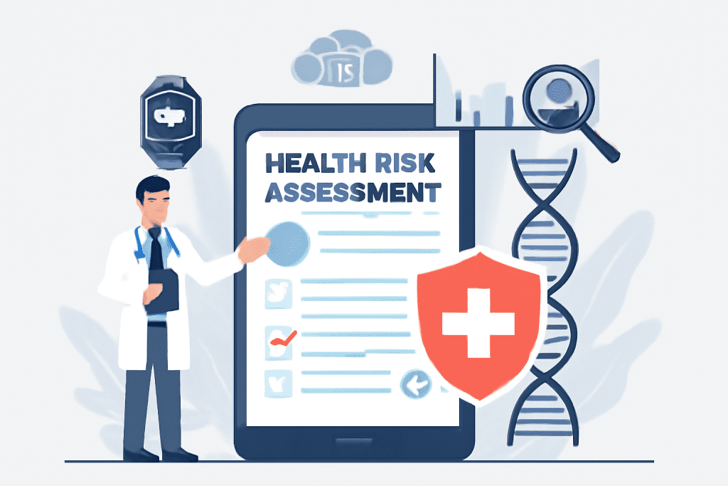 Digital health risk assessment system with doctor and tablet, showcasing biometric integration and health metrics icons.