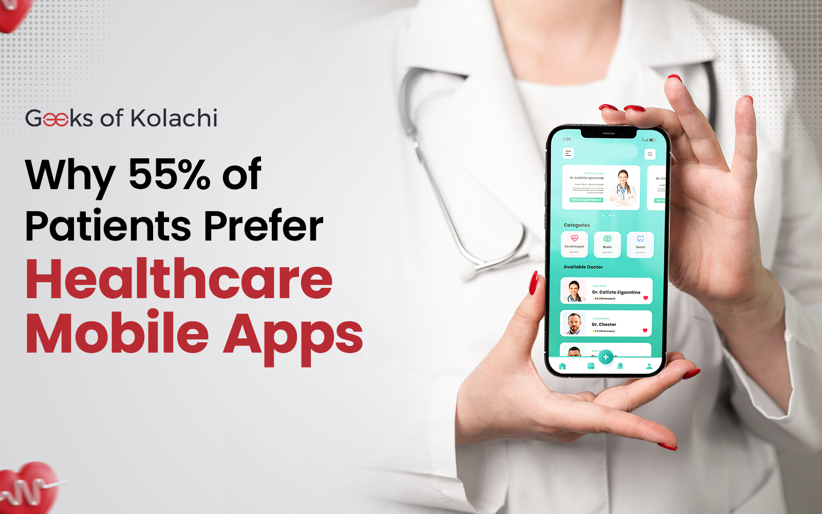 Healthcare mobile apps usage by 55% of patients shown on a smartphone held by a healthcare professional