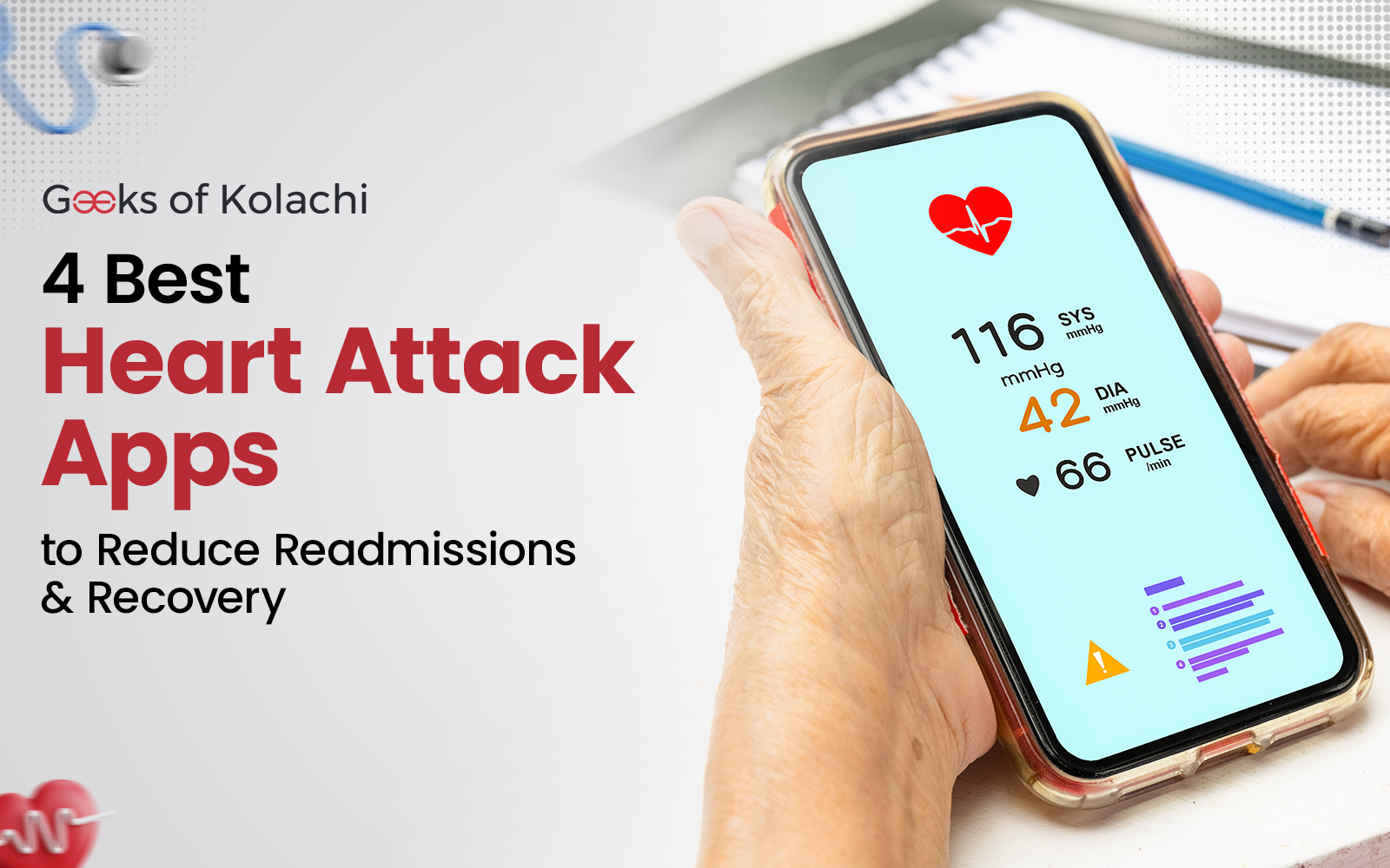 A hand holding a smartphone showing heart rate, blood pressure, and pulse measurements with a warning icon and text related to heart attack apps.