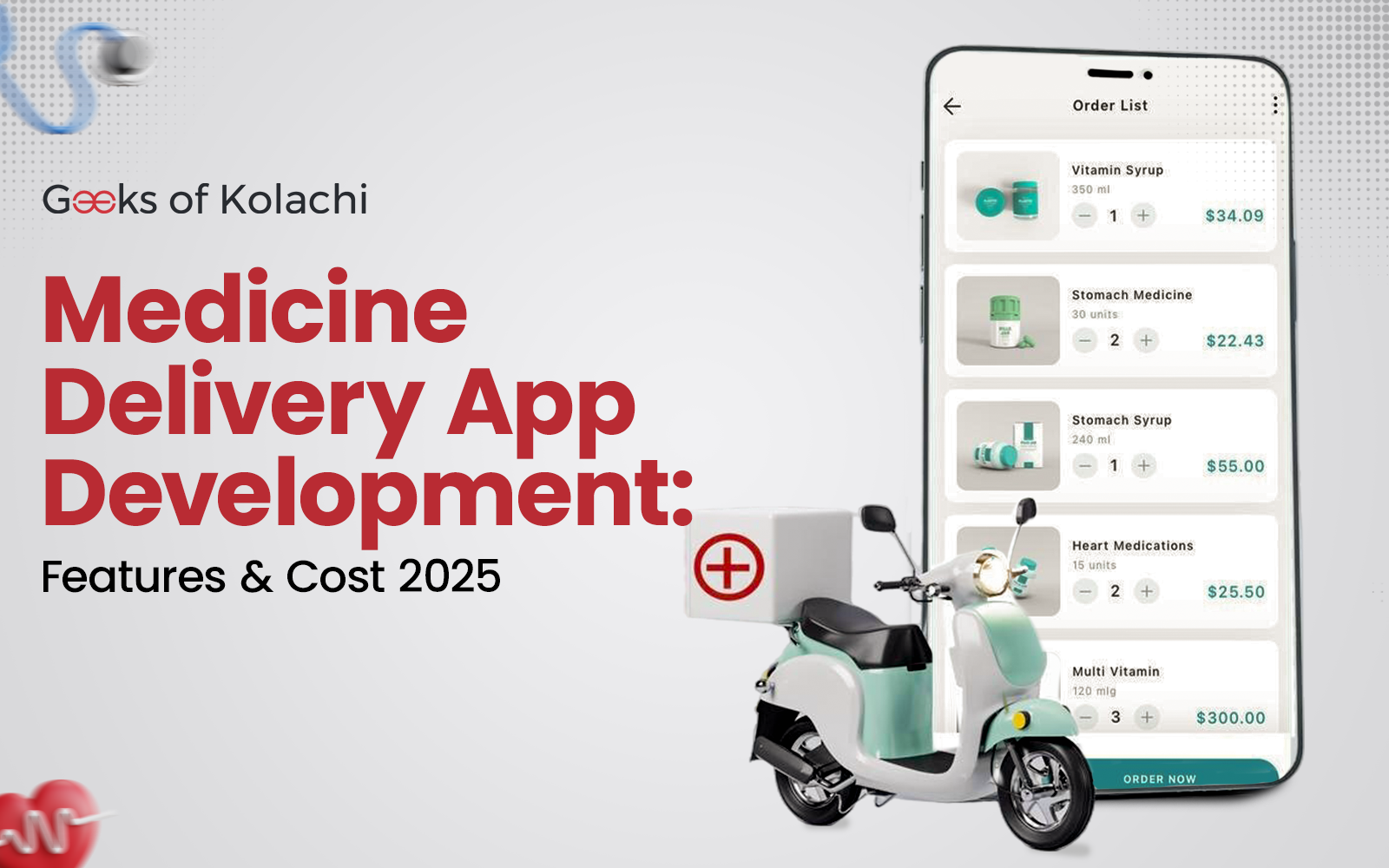 Medicine Delivery App Development illustration showing mobile interface and delivery scooter – features and cost in 2025