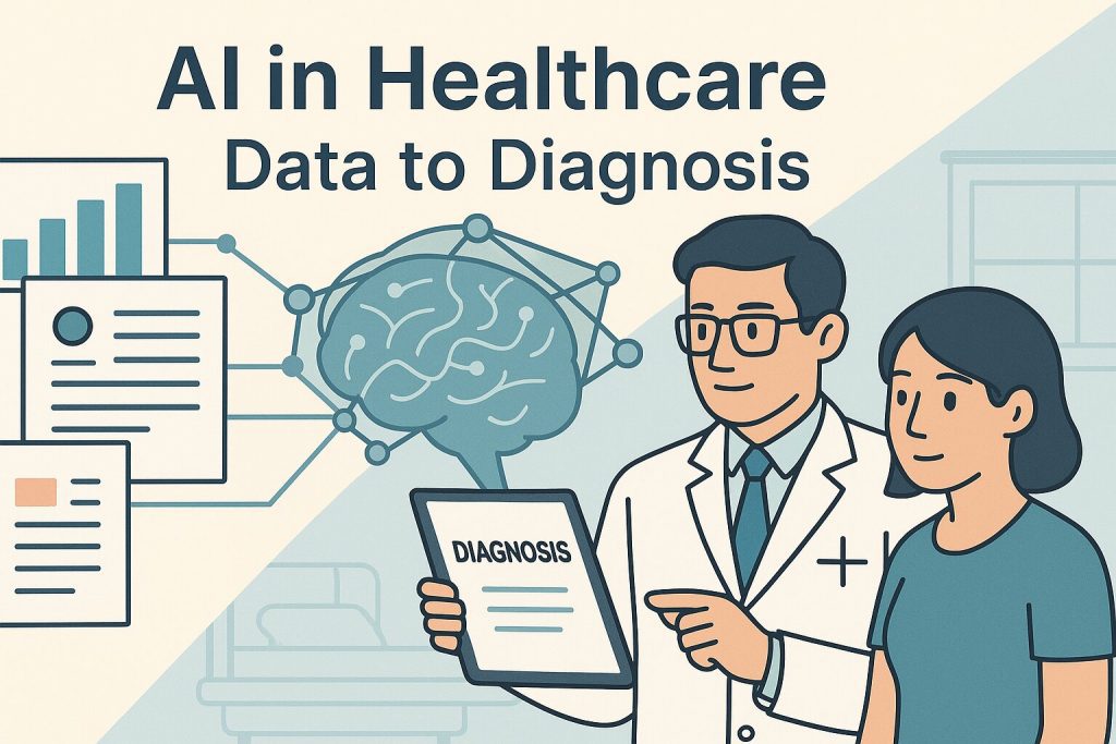 Illustration of AI processing fragmented healthcare data into a diagnostic result, with a doctor and patient in a modern hospital setting.