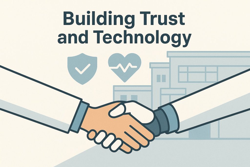 A handshake between a human and robotic hand symbolizing trust and collaboration in healthcare AI, set against a hospital background.