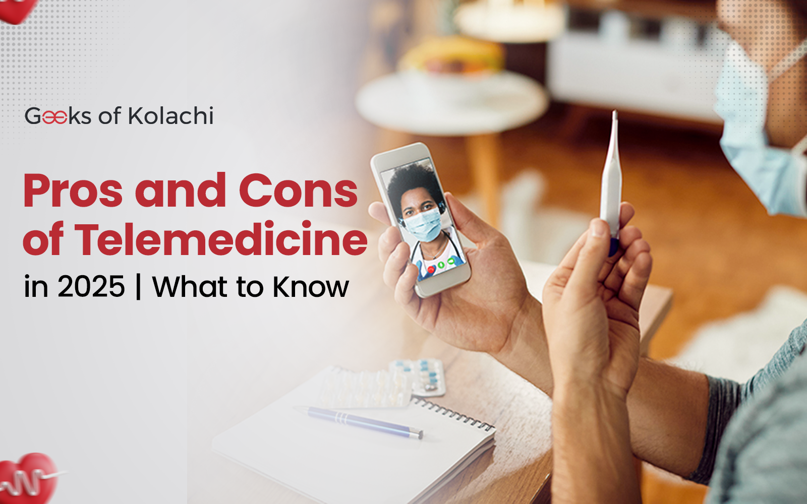 A patient holding a thermometer while on a video call with a doctor, illustrating the pros and cons of telemedicine in 2025