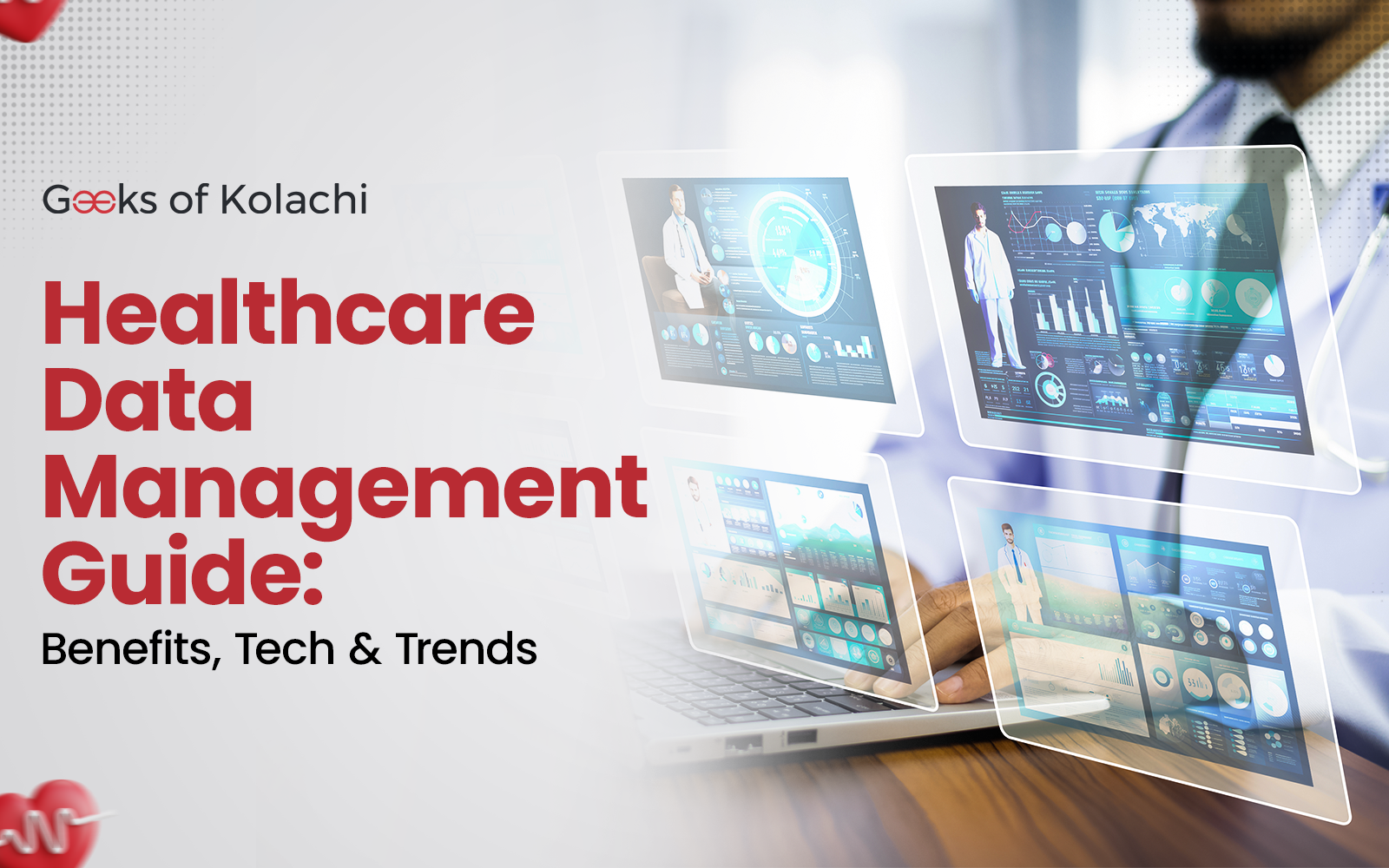 Healthcare data management illustration showing digital patient records, analytics dashboards, and medical technology trends