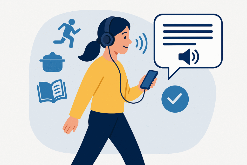 A woman using a smartphone with headphones, listening to a text-to-speech app while walking outdoors